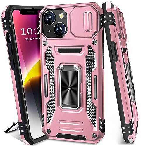 BaHaHoues iPhone 13/14 Case with Slide Camera Cover & Magnetic Kickstand, Military Grade Protective Case (Rose Gold)