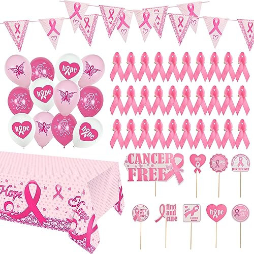 WANDIC Grand ensemble de décoration de ruban rose, 2,8 x 1,3 m. nappe, bannières, 18 ballons, décorations de gâteaux et épingles à ruban rose pour la sensibilisation au cancer du sein
