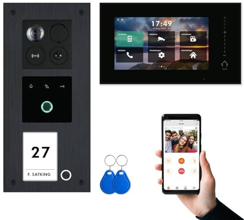 BALTER ERA Schwarz IP Unterputz Video-Türsprechanlage mit Fingerprint Set 1 Familienhaus (1x Türstation mit Full HD Kamera, 1x Touchscreen 7 WiFi-Monitor Schwarz, Android & iOS APP, 2-Draht, RFID)