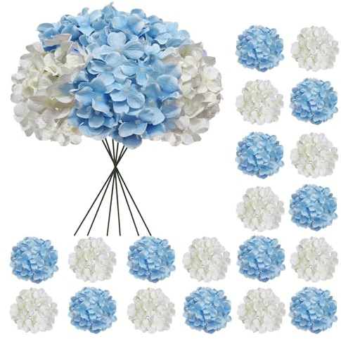 Cherica Künstliche Hortensien, blaue und weiße Hortensien, künstliche Hortensien, künstliche Hortensien, künstliche Seiden-Hortensien mit Stielen, weiße Blumen für Dekoration, Hochzeitsdekoration, 20