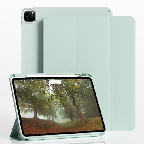 ZKTUYU Hülle für iPad Pro 11 4./ 3./ 2./1. Generation 2022/2021/2020/2018, Hülle für iPad Pro 11 mit Stifthalter, Kann Pencil 2 Aufladen, Weiche Silikonhülle, Auto Schlafen/Wachen, Grün