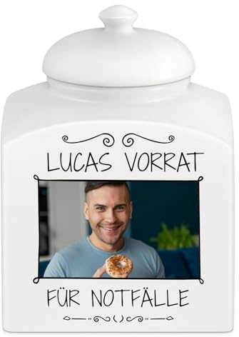 Maverton Keramik Vorratsdose mit Deckel + Aufdruck, weiß | Deko Aufbewahrungsbox für Kekse, Vorratsglas für Süßigkeiten, Plätzchendose für Männer zum Geburtstag