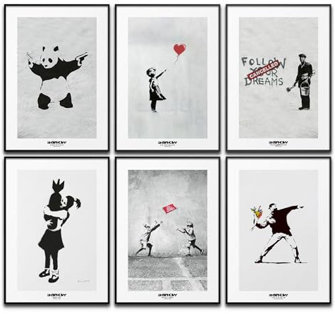 Banksy Poster Set Kunst Wanddeko Moderne Bilder Schlafzimmer Deko Wohnzimmer Dekoration Homeoffice Kunstbilder Gemälde (6x A4 | Ohne Rahmen)