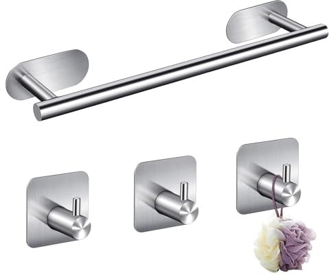 YUNYODA Self Adhesive Towel Rail, 4 in 1 Kitchen Bathroom Accessories Kit, Towel Rail Bath Towel Holder Toilet Holder Wall Mounted No Drilling for Towels Matt, 40cm, Silver
