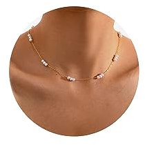 FUNEIA Perlenkette Damen Frauen 14K Vergoldete Halskette mit Perlen Weiße Perle Choker Kette Zierliche Kleine Perlenanhänger Kette Gold Wasserfeste Sommer Modeschmuck Geschenke Mädchen Teenager