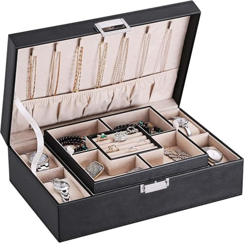 BEWISHOME Schmuckaufbewahrung Herren, Schmuckorganisator mit 4 Uhrengehäuse, Herausnehmbarem Tablett,Schmuck Aufbewahrung für Halskette,Ohrringe,Ringe und Armbänder,PU-Leder,Samtfutter Schwarz ESSH07B