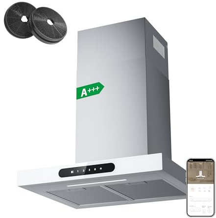 CIARRA CBCW6102 Cooker Hood 60cm Wi-Fi App Touch Control with CBCF003 Carbon Filters Chimney Vent Hood 600mm with Dimmable LED Lights Ducting&Recirculating Kitchen Extractor Fan-White