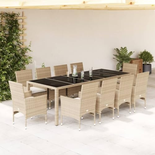 Keyroto Garten sitzgruppe 10 Personen Gartenmöbel Set 10 stühle mit Tisch Rattan essgruppe balkonmöbel 10 Personen Balkon Tisch und stühle Gartengarnitur-Beige and cream-11-tlg