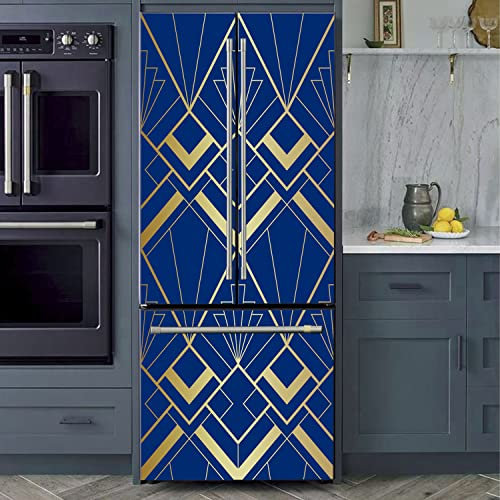 Alwayspon Self-Adhesive Vinyl Fridge Wrap, Peel and Stick Refrigerator Door Mural Removable, Geometric Blue Gold Rhombus Effect Fruniture Wall Fridge Sticker, 56x163CM