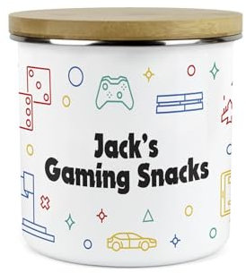 Custom Gamer Snacks Storage Canister - Personalised Gaming Themed Homewares Gifts for Gamers - White Metal Enamel Food Storage Container Pot Present