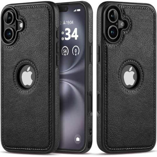 TRUIRON Schutzhülle für iPhone 16, luxuriöses Leder, Logo, sichtbar, Vintage, ultradünn, Schutzhülle 2024, 15,5 cm (6,1 Zoll) (Schwarz)