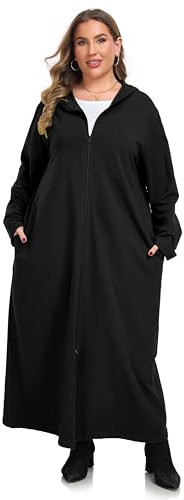 VOGMATE Damen Bademantel 2XL übergröße mit Kapuze Reißverschluss Baumwolle Leichter Lang Morgenmantel Kuschelig Hausmantel Nachtwäsche Große Größen Schwarz