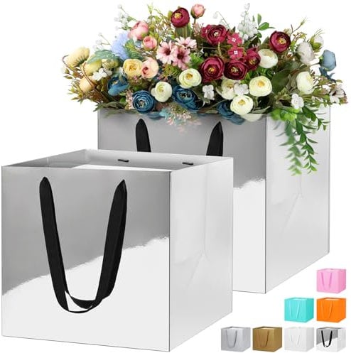 LVNRIDS 2 PCS Large Gift Bags, 11.8 inch Square Extra Large Paper Gift Bag for Presents Cake Bouquets Wedding Flower Bridesmaid Christening Graduation Birthday Party Silver