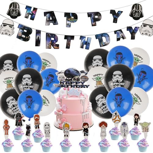 Yo-da Birthday Party Decorations, 44PCS Wars Party Decorations Happy Birthday Banner Balloons Cake Topper Cupcake Toppers Spiral for Kids Girls Boys Theme Birthday Decoration Supplies