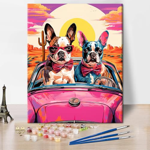 TISHIRON Kit de peinture par numéros pour chiens et adultes, conduite d'une voiture avec pinceaux pour adultes, kits de peinture par numéros sur toile, cadeaux, loisirs créatifs pour la maison (sans