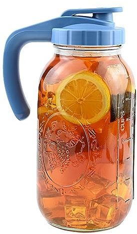Glass Pitcher with Lid, 2 Quart (64oz) Wide Mouth Mason Jar Pitcher- Heavy Duty, Leak Proof - Sun & Iced Tea Pitcher, Juice and Drinks, Breast Milk Storage & Dispenser - Blue