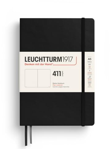 LEUCHTTURM1917 372930 Notebook 411 Medium (A5), Hardcover, 411 Numbered Pages, Black, Plain, More Thoughts, More Ideas, More Memories, More Pages | 411 numbered pages, 80gsm acid free, 160 pages more than the standard, the heavy writer notebook