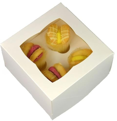 LARRYROO PREMIUM Ultra White Windowed MINI Cupcake Boxes for 4 Cup Cakes & inserts (5)