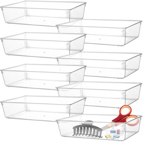 FUNSUEI 8 PCS Clear Drawer Organiser, Plastic Non-Slip Desk Cabinet Storage Dividers For Makeup, Bathroom, Dressing Table, Kitchen, Office, 23 x 15.7 x 4.9cm