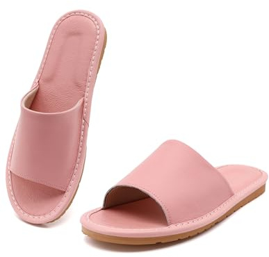Kiemorgy Sandals Women Men, Genuine Leather Slippers, Pink House Slippers for Women Indoor Outdoor Size 9, Unisex Soft Flat Sandals PT02-pink3940
