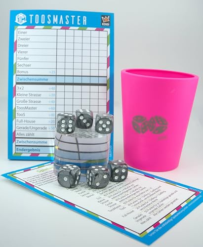 KENDi GAMES Würfelspiel‑Set Pink – Würfelbecher aus Kunststoff - Motiv Good Luck, 6 Kunststoffwürfeln, Spielblock & Anleitung – Würfelspiele-Set