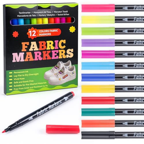 Siumir 12 Textilstifte Waschmaschinenfest, Textilfarbe, Stoffmalfarben Waschfest, Stofffarbe Textilmarker für Tshirts, Hut, Segeltuchschuhe, Einkaufstasche