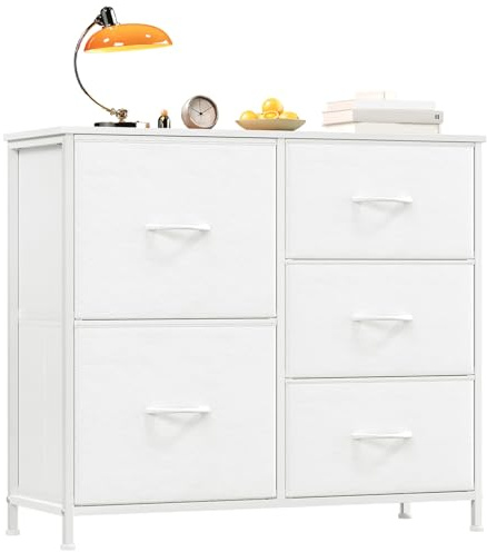 Somdot Chest of Drawers for Bedroom with 5 Drawers, Storage Cabinet Storage Unit with Fabric Drawers for Closet Nursery Living Room Laundry Hallway, White Leather