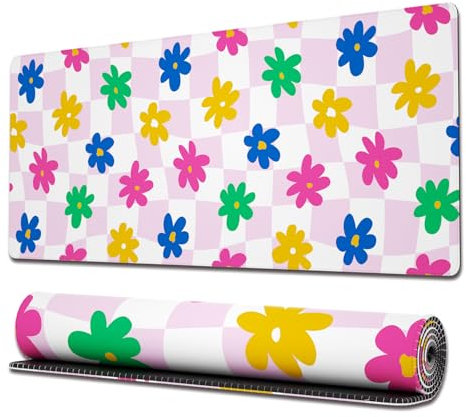 Ovenbird Gaming Mouse Pad with Stitched Edges, Floral Checkerboard Large Mouse Pad, Extended XL Cute Mousepad Gaming with Anti-Slip Base, 31.5 x 11.8 in, Pink