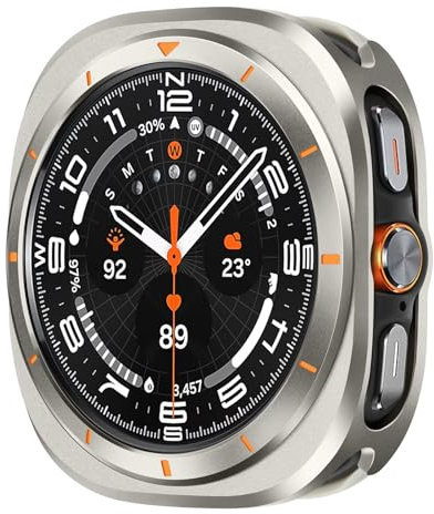 Suphart Metal Cases Compatible with Samsung Galaxy Watch Ultra (2025/2024) 47mm Case, Stainless Steel Protective Cover Rugged Bumper with Back Frame for Galaxy Watch Ultra, Titanium/Orange