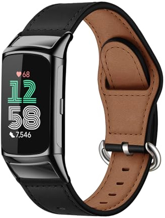 Leder Armband Kompatibel mit Fitbit Charge 6 / Fitbit Charge 5 Uhrenarmband | für Damen Herren Metallschnalle Atmungsaktiv Uhrenarmband, Premium PU Lederband Ersatzbänder, Schwarz
