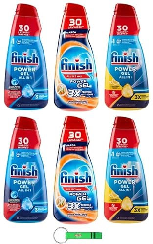 Paquete de prueba Finish Powergel líquido para lavavajillas multifuncional, efecto desengrasante, 30 lavados, 6 x 600 ml + llavero Beni Culinari gratis