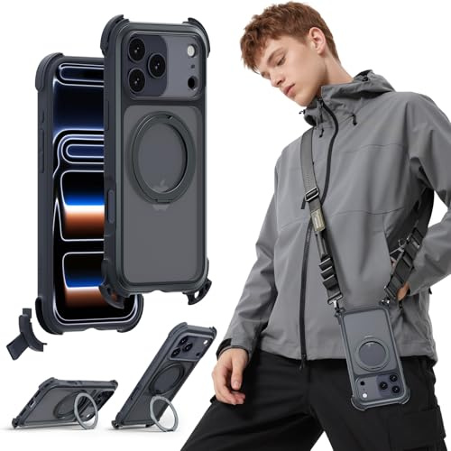 MAGEASY Odyssey Ultra MagSafe 360° Magnetic Stand iPhone 17 Pro Max Crossbody Case with Strap for Men, 25ft Shockproof TPU + Aluminum Frame, Interchangeable Lanyard Eyelets (Midnight w/Kickstand)