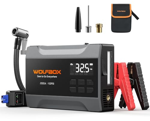 WOLFBOX 2000A Avviatore Emergenza Auto con Compressore 150PSI, MV10A | 5L Benzina o 3L Diesel, 10000 mAh, Batteria Portatile per 12 V Auto, Powerbank Portatile