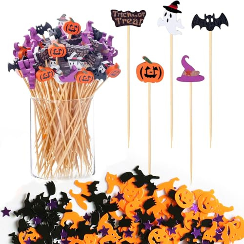 100 Stück Halloween Cocktailspieße und 15g Papierklappen, Hölzerne Cocktail Zahnstocher, Geist Fledermaus Spinne Kürbis Partyspieße Cocktail Sticks für Halloween Horror Thematische Party Dekoration