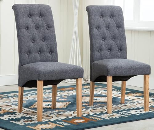 mcc direct Set of 2 Linen Fabric Dining Chairs Roll Top Scroll High Back For Home & Commercial Restaurants - Grey