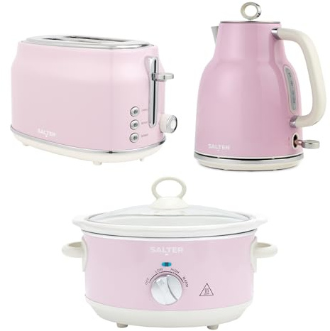 Salter Retro Pink Toaster, Kettle & Slow Cooker Set – 2-Slice Wide Slot Toaster with 6 Browning Levels, 1.7L 3KW Rapid Boil Kettle, 3.5L Electric Ceramic Cooking Pot with 3 Heat Settings