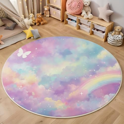 Kinder Teppich für Jungen Mädchen Traumthema Wolken und Regenbögen 120cm Rund Blau - Kurzflor Waschbarer Teppich Extra Weich und Antiallergen - Teppichs für Kinderzimmer, Babyzimmer