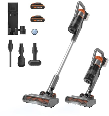 WORX 20V Akku Staubsauger WX038, 25Kpa Handstaubsauger kabellos, 45min Lange Laufzeit, leicht für Haustierhaare, Teppich, Auto - inkl. 2 Akkus und Wandhalterung Doppelladegerät
