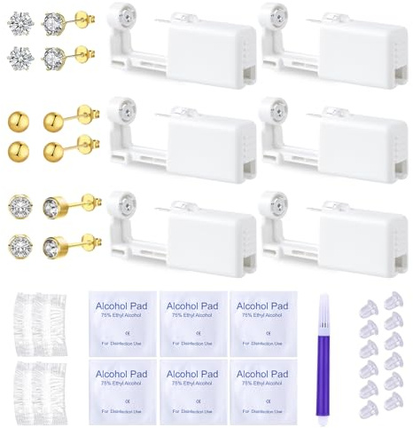 CUEMOON Set di 6 piercing usa e getta, orecchini di sicurezza fai da te, fori per le orecchie, per ragazze, donne e uomini (motivo oro, 4 mm)