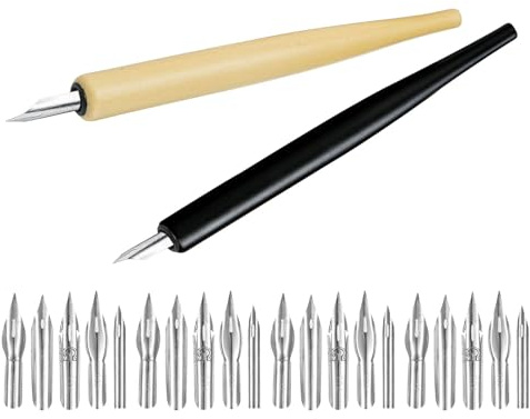 SAFIGLE 2 Sets Wooden Handle Dip Pens for Calligraphy and Manga Art with 20 Refillable Nibs, and Black Flat-head Fountain Pens for Artists’ Ink Drawing and Sketching