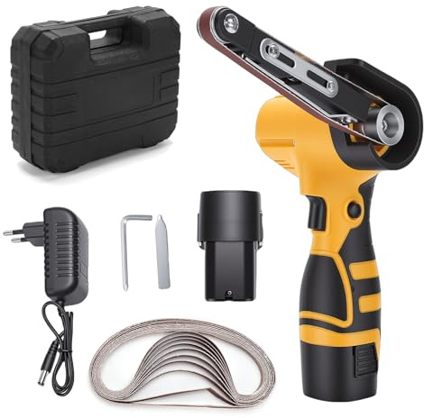 Weytoll Levigatrice a nastro senza fili da 16,8 V, 7000 giri/min, mini levigatrice a nastro con 10 nastri abrasivi in ​​ossido di alluminio, 2 batterie da 1500 mAh per legno, metallo e plastica
