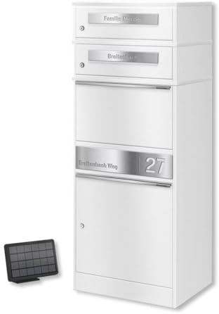 Metzler Paketbriefkasten mit LED-Beleuchtung und Namensgravur, solarbetrieben und abschließbar, Weiß mit Gravur, wetterfest und freistehend, mit Zwei Briefkästen, platzsparend für DHL M Pakete