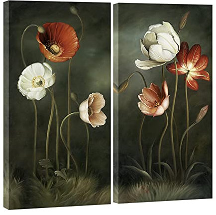 Wieco Art Große 2-teilige moderne Giclée-Leinwanddrucke, Kunstwerk, zeitgenössisch, bunte Blumen, Ölgemälde, Reproduktion, grüne Bilder auf Leinwand, Wandkunst für Wohnzimmer, Schlafzimmer,