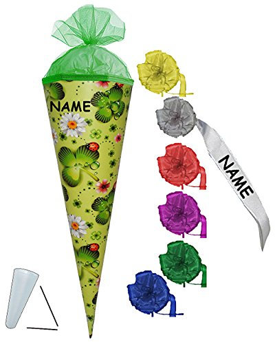 alles-meine.de GmbH Schultüte - Marienkäfer Viel Glück - 50 cm - incl. Namen und individueller Schleife - mit Tüllabschluß - Zuckertüte - mit/ohne Kunststoff Spitze - für M..
