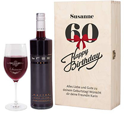 Herz & Heim® Bree Wein-Präsent mit graviertem Weinglas und Bree Wein zur Auswahl in Geschenkkiste zum 60. Geburtstag Rot