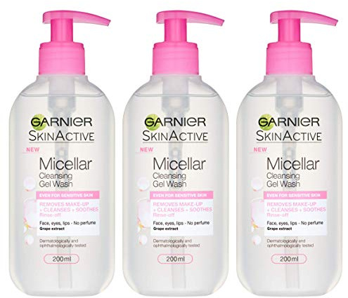 Garnier Micellar Gel Face Wash Sensitive Skin, Soothing Face and Eye Make-Up Remover and Cleanser 200 ml Pack of 3
