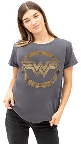 DC Comics Women's Metallic Logo T Shirt, Charcoal Grey, 12 UK