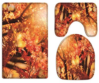 A.Monamour Badezimmer Badematte Set Strahlender Sonnenschein Durch Orange Ahornbaum Blätter Herbst Herbst Jahreszeit Natur Landschaft Flanell Saugfähig Badteppiche Badvorleger Badgarnitur WC Vorleger