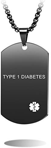 MOWOM Medical Warnen Dog Tag Anhänger Halskette Gravur Name Datum ID Edelstahl - Bundle mit 5 Artikel: Notfallkarte, Hülse, 2 Ketten, Schalldämpfer (Schwarz, Type 1 Diabetes)