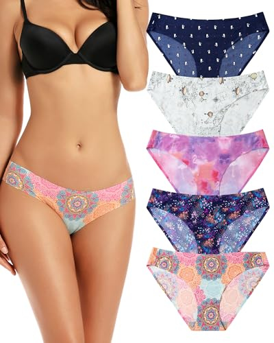 VOENXE Women Bikini Underwear,Seamless Ladies Knickers,No VPL Breathable Female Brief Panties,Woman No Show Comfortable Invisible Pants,Seam Free Multipack Stretch Sport Undie Hipster Underpant,5-Pack